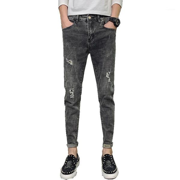 

denim jeans men's korean trendy slim feet 2020 summer thin ripped hole wild brand casual ankle length pants1, Blue