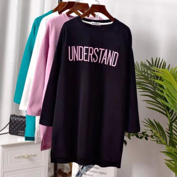 

2019 корейской осенью и зимой женщины футболка рыхлое крупных женщин 200кг с длинным рукавом пассива пальто футболка топ top середины долго, White