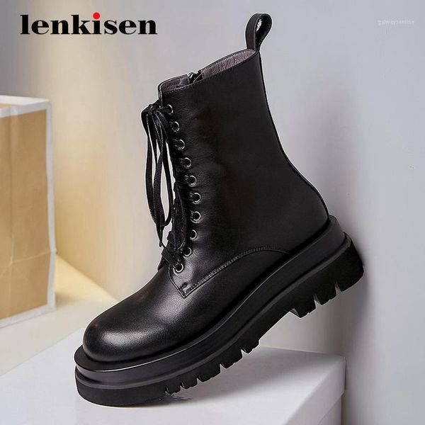 

boots lenkisen sports style korean street natural leather breathable round toe thick high heel zipper keep warm energy ankle l631, Black