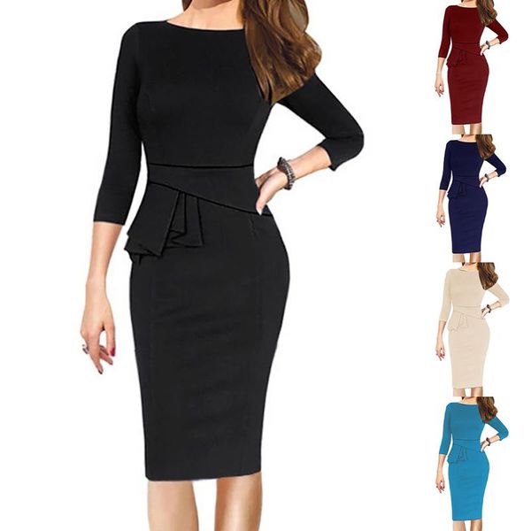 

мода офис дамы платье женщины элегантные о-шеи часовой рукав формальное карандаш обочка платье осень зимние платья халат femme hiver, Black;gray