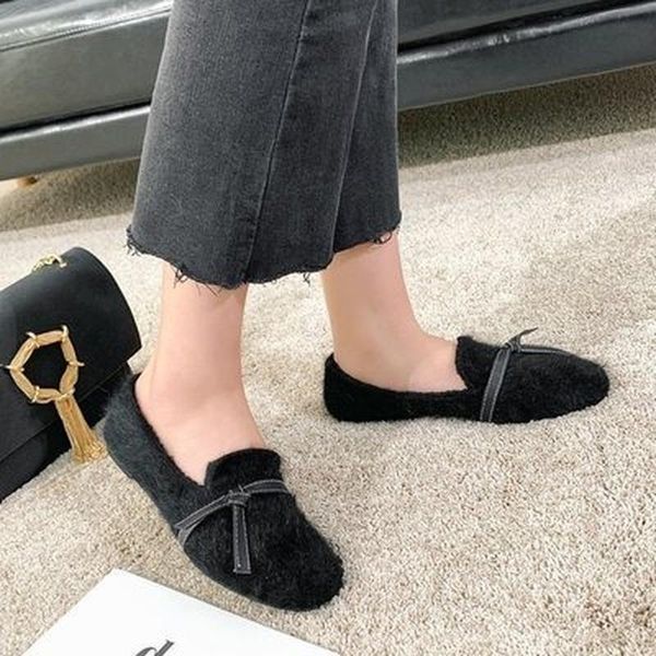 

марка женской обуви flats осень зима женская velvet открытых мокасины женских плюшевые хлопок обувь zapatos de mujer большого размер 43, Black