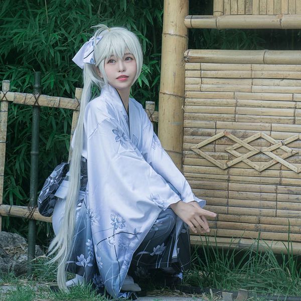 

spring day wild sky white kimono bathrobe cosplay costume female animation, Black;gray