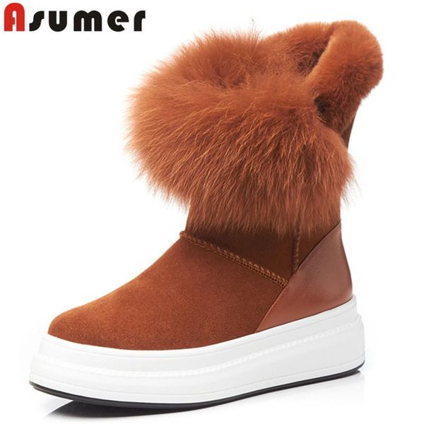 

asumer snow boots 2021 winter flat shoes suede leather thick fur casual shoes platform comfortable ankle boots women, Black