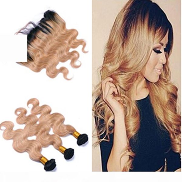 

8a body wave honey blonde hair with lace frontal closure brazilian ombre 1b 27 dark root ear to ear lace frontal with bundles, Black;brown