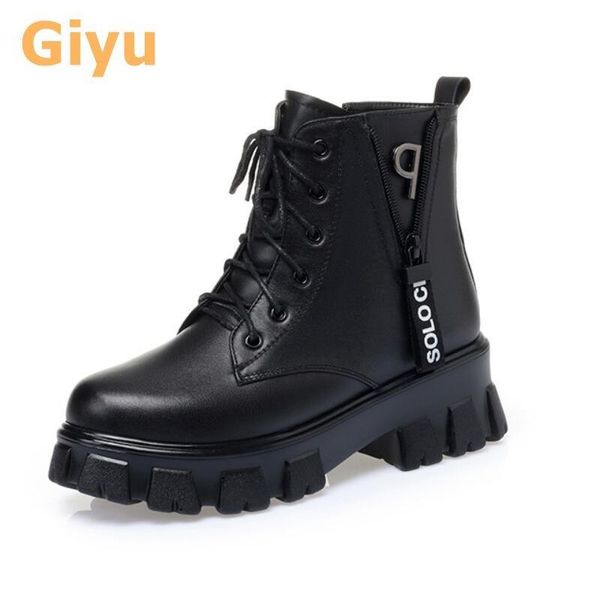 

genuine leather short boots women's wool all-match platform winter 2020 warm snow ankle, Black