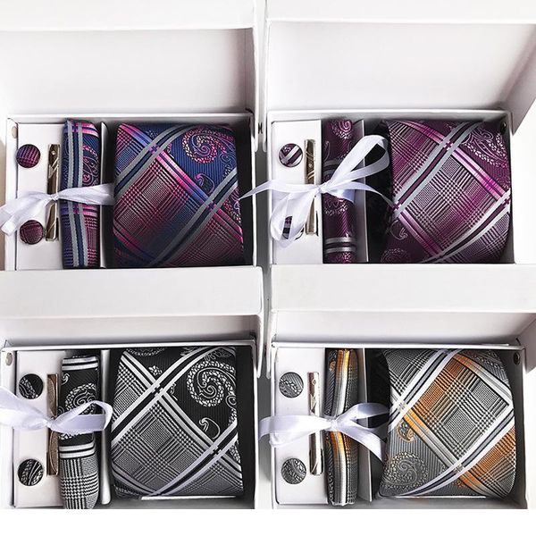 

8cm men neck ties polyester classic tie hanky cufflinks tie clip gift box sets necktie 6 piece mens yellow qyland, Blue;purple