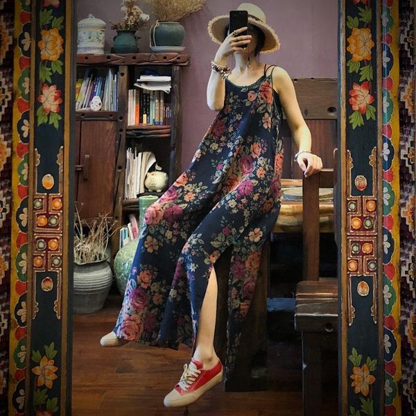 

summer fashion retro print flower cotton camisole dress 2021 new loose comfortable women leisure vintage dresses, Black;gray