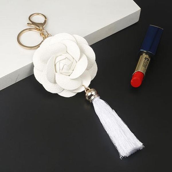 

new arrival camellia leather flower with tassel key chain golden fashion key ring women bag pendant car keychain eh883 h sqcfja