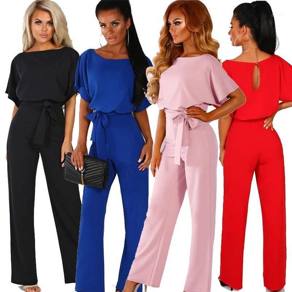 

spring women fashion elegant office workwear 2020 casual jumpsuits o neck short sleeves button romper with belt summer jumpsuit1, Black;white