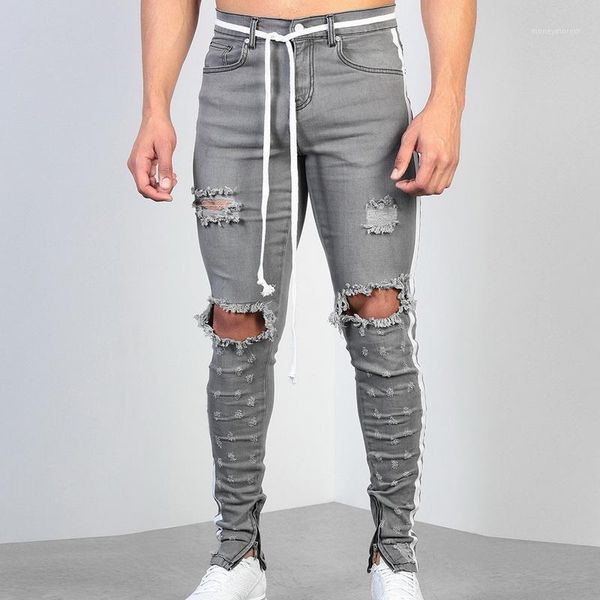 

ripped hole jeans men fashion side striped skinny male jeans 2019 lace up streetwear hip hop denim trousers plus size 3xl1, Blue