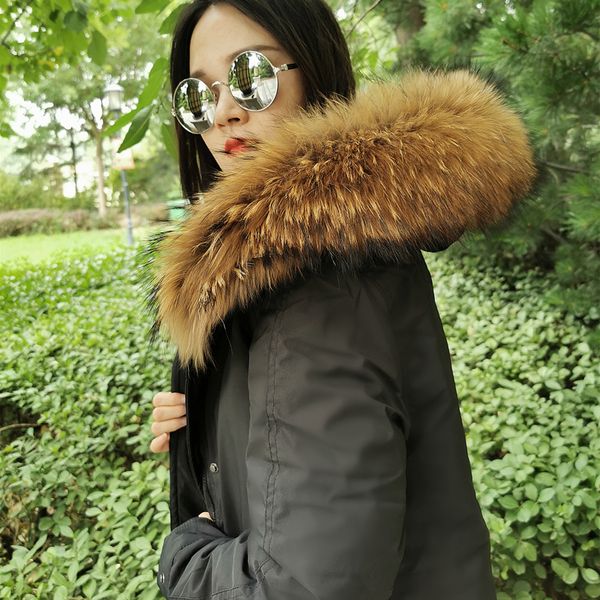 A maior coleira de pele de raposa natural mulher jaqueta de inverno de inverno com capuz para baixo parka bolsos de cor sólida solta mulheres casaco 201026