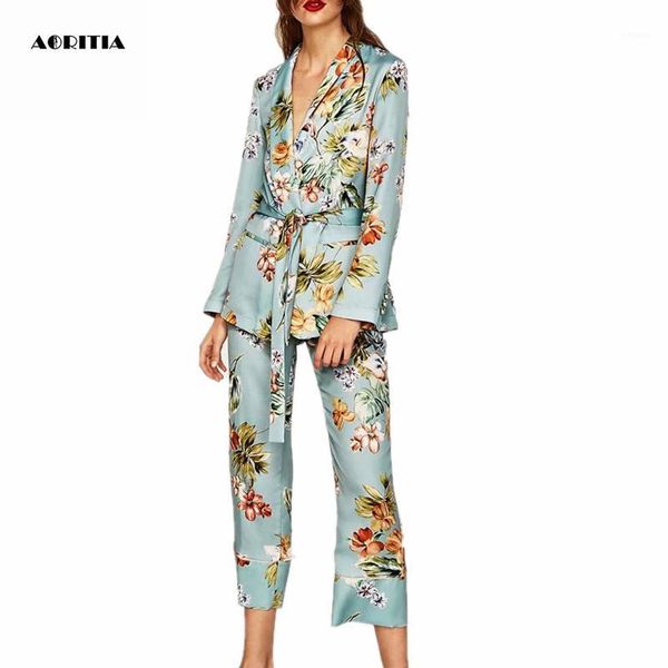

2018 women blazer style floral print two piece set women coat set long-sleeve trousers sets1, Gray