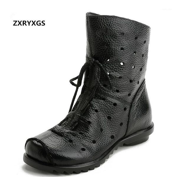 2020 neue Sommer Herbst Hohl Echtes Leder Stiefel Schuhe Flache Reitstiefel Atmungsaktive Weichen Komfort Frauen Mode Schuhe1