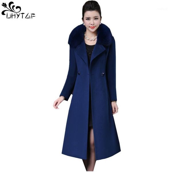 

uhytgf 4xl women plus size woolen coat 2020 imitation fur collar winter wool overcoat slim long cashmere jacket ladies 3651, Black