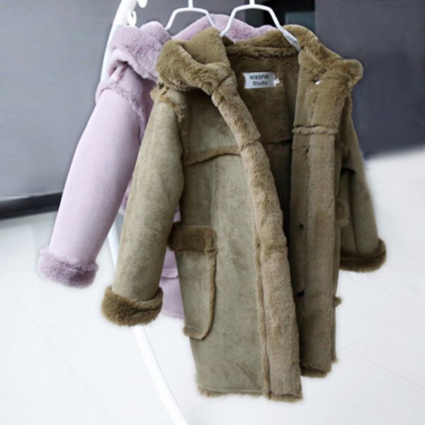 

winter children's fur coat long style boy leather clothing hooded girl faux fur jacket thickening plus velvet cotton outerwear, Blue;gray