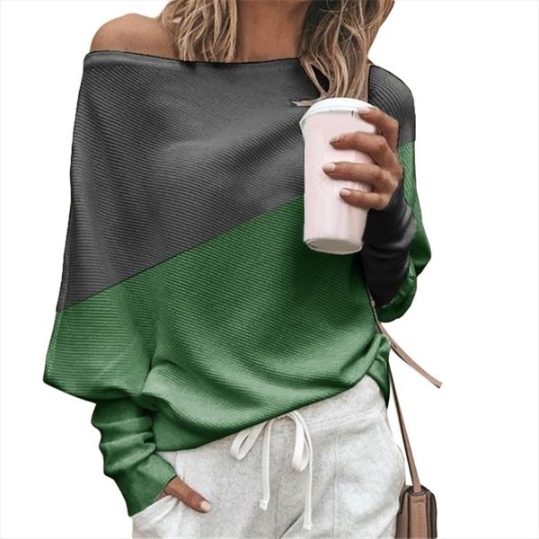 

fashion spring autumn women t shirt color block off shoulder loose batwing long sleeve tee t shirt women female, White