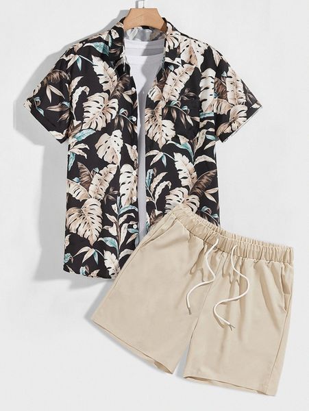 

men random tropical print shirt & drawstring waist shorts without tee p6i2#, Gray