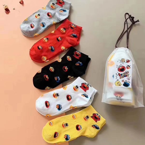 

улица сезам носки хлопка лодка socksjoint еженедельно студенческого спорта милый мультфильм мужчин и женщин хлопок лодке пять пар носков xdu, Black