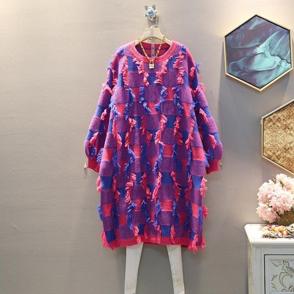 

ewq] dress women's tassel patchwork plaid fashion tide office lady loose full sleeve round collar 2020 spring autumn new tu439, Black;gray