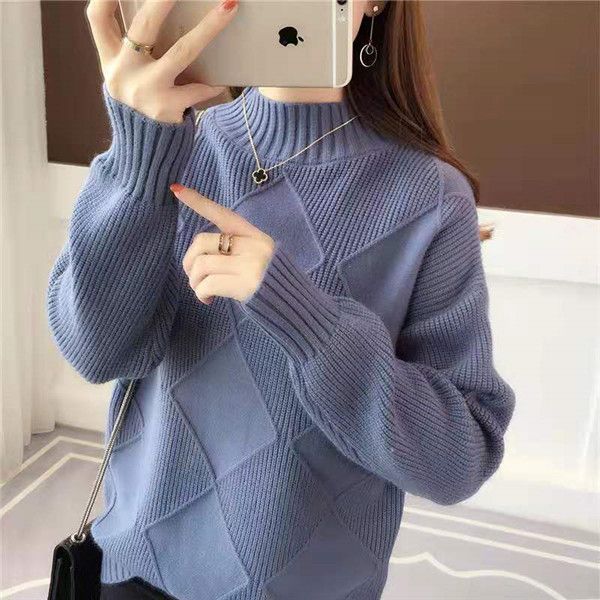 

semi-turtleneck solid-color knitted sweater for women's wear in the early autumn of 2020, the new korean version of loose long-sleeved, Black