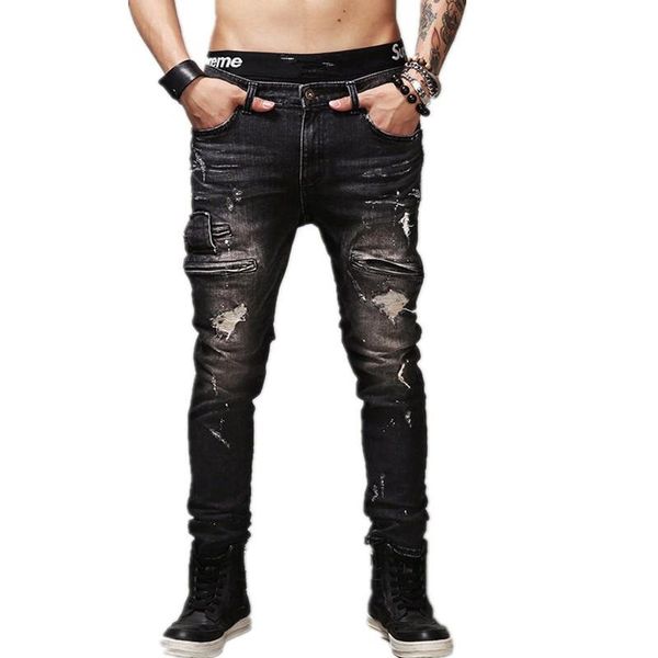 

men's jeans male black trousers autumn winter thick high street style multi-pocket zipper biker motorcycle slim denim pants, Blue