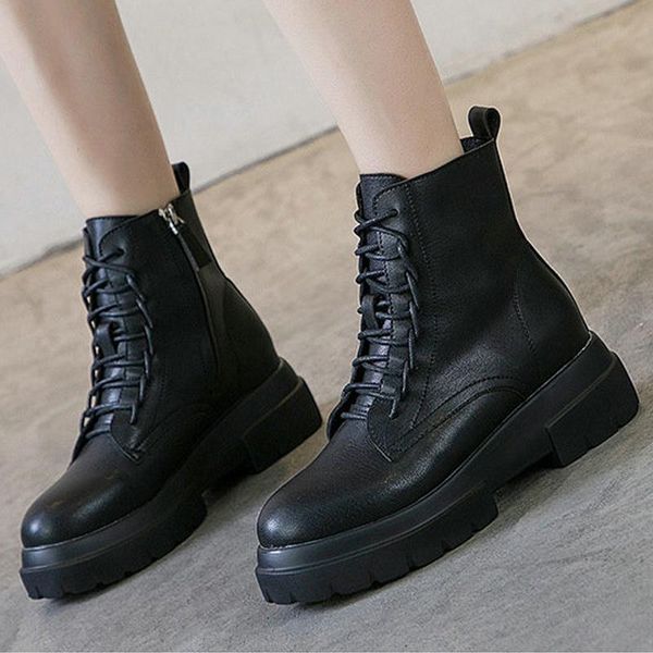 

новые женские ботинки лодыжки повседневная высокая верхняя кожаная пу туфет женщины ботинки кружева удар женская платформа клинья обувь bota, Black