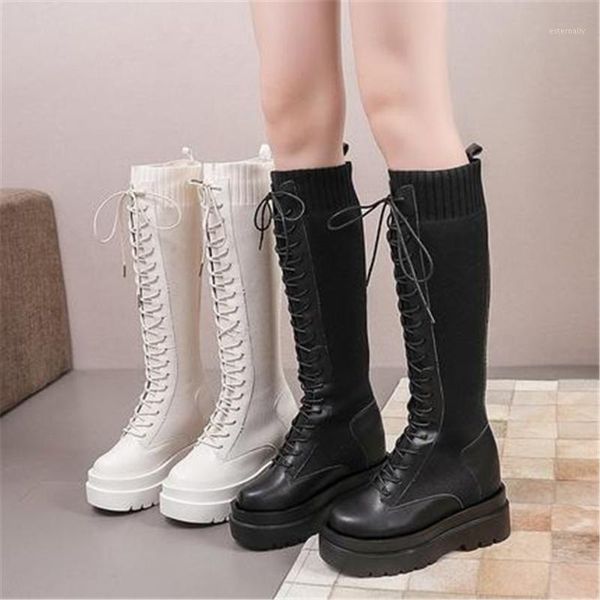 

boots elastic cloth patchwork platform knitted knee high women autumn height increasing long botas mujer non slip shoes female1, Black