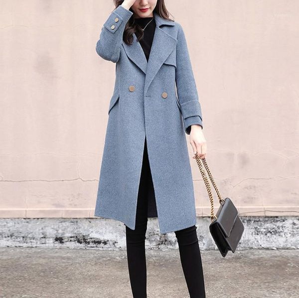 

feitong elegant winter women work solid vintage winter office turn down collar long sleeve button woolen jacket coat1, Black