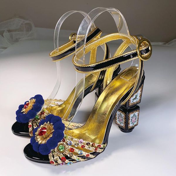 

sandals bohemian retro chunky heel luxurious red blue shoes multi color crystal embellished block floral pump, Black