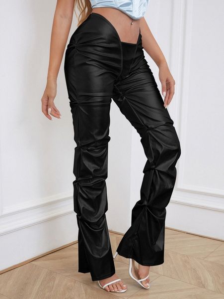 

ruched asymmetrical waist pu leather pants q1je#, Black;white
