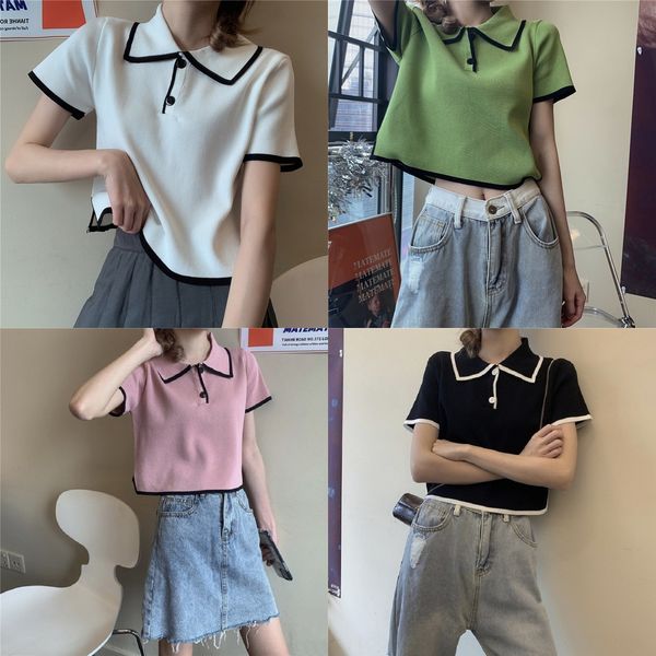 

summer polo collar knitted t-shirt for female korean students coat t-shirt lim and shortversatile fashion ins net red short sleeve t, White;black