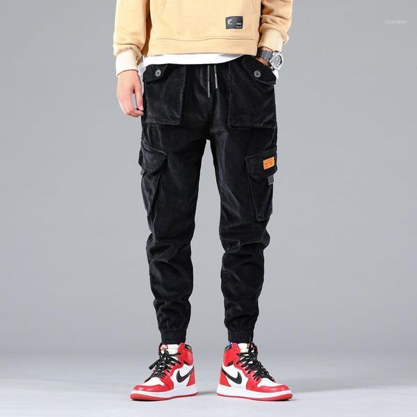 

fashion streetwear men jeans big pocket elastic casual corduroy cargo pants black brown designer hip hop joggers loose trousers1, Blue