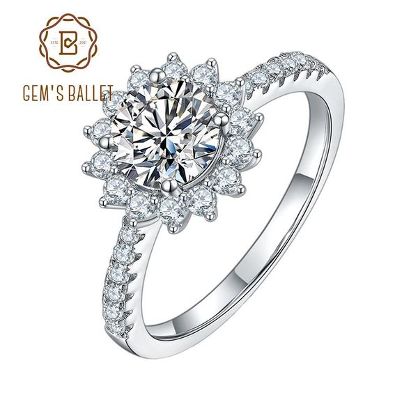 

cluster rings gem's ballet 1.0ct 6.5mm vvs1 moissanite diamond sun flower engagement for women 925 sterling silver round ring, Golden;silver