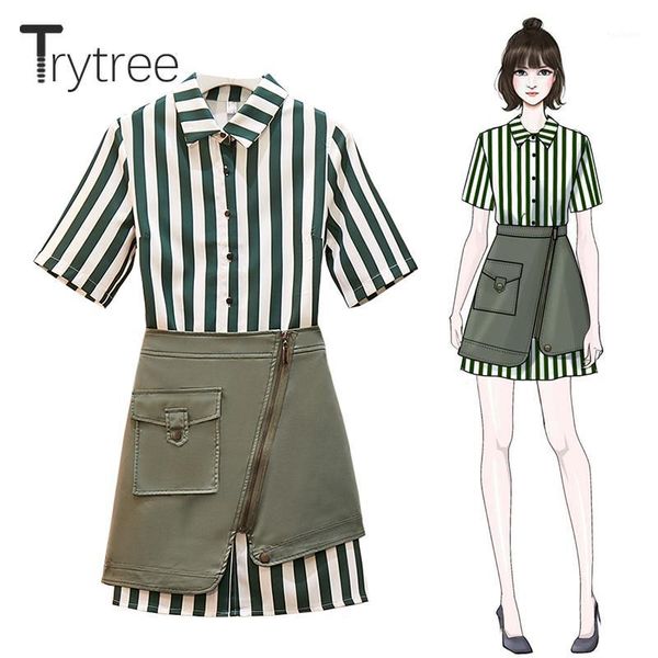 

trytree 2020 summer women two piece set casual turn-down collar single breasted stripe + skirt mini irregular 2 piece set1, White