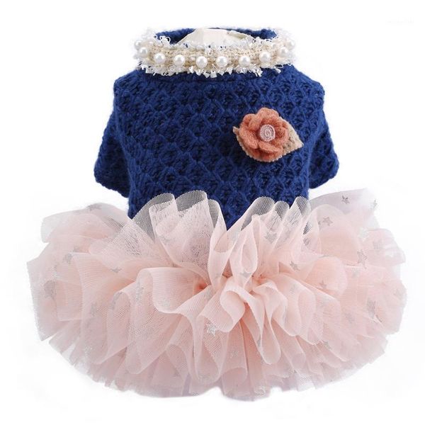 

dog apparel autumn dresses for dogs teddy cat skirt tulle princess pearl flower decor party costume xs s m l xl1