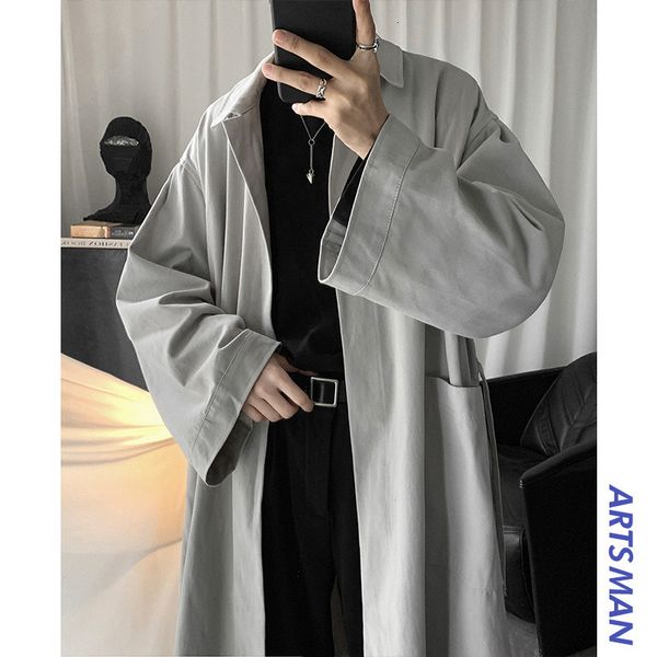 

gangzai literature art spring and autumn solid color medium length windbreaker men's korean loose trend handsome shirt coat, Tan;black