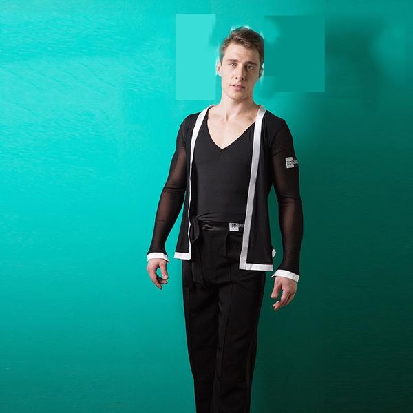 

stage wear men latin dance shirt black v collar with coat 2pcs male costumes modern rumba chacha ballroom bl1351, Black;red