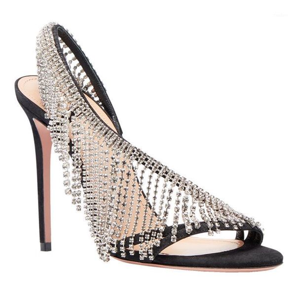 

crystal fringed sandals woman summer thin high heels pumps rhinestone tassel peep toe high-heeled shoes women slingbacks sandals1, Black