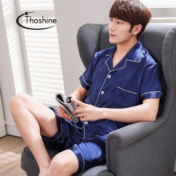 

thoshine brand summer style men china satin pajamas sets patchwork turn-down collar button sleepwear male elastic waist pijama lj201113, Black;brown