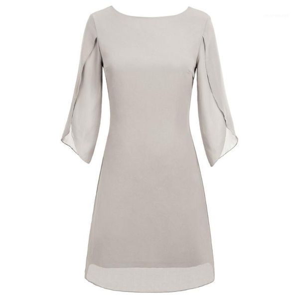 

casual dresses women's summer elegant double-layer 3/4 split sleeves scoop neck v-back chiffon dress female pure color1, Black;gray