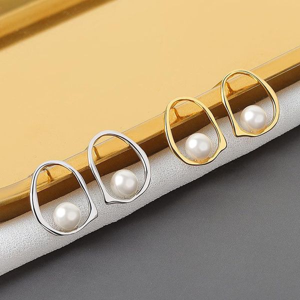 

stud 925 sterling silver korean geometric holiow out pearl ear emperament women gold retro elegant love earrings gift, Golden;silver