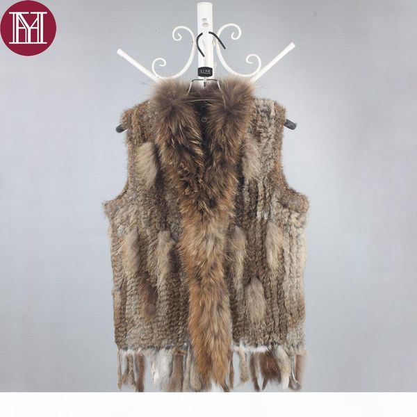 

winter women genuine rabbit fur vest knitted lady natural rabbit fur vests with real raccoon fur collar good quality cj191212, Black
