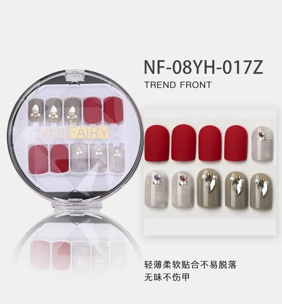 

false nails 30pcs full cover portable acrylic wearable glitter rhinestone decorated fake nail oval head lady finished fingernail, Red;gold