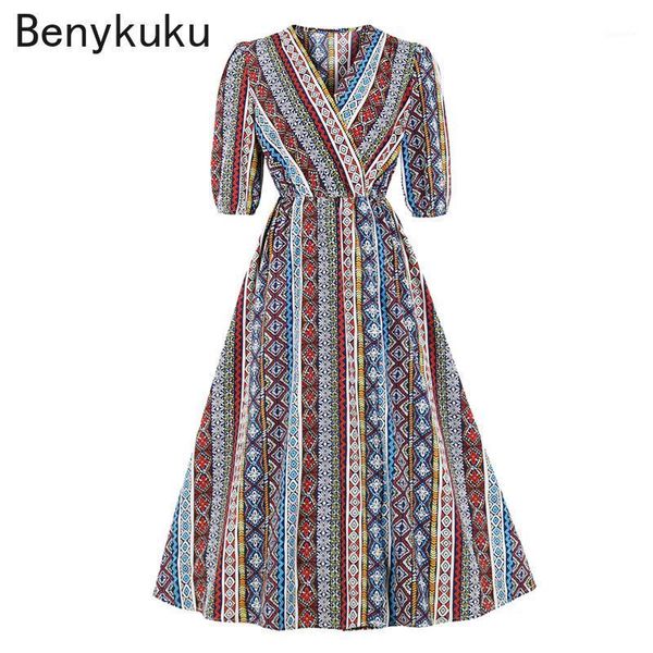 

spring autumn multicolor print vintage women long dress elegant v neck high waist 3/4 length sleeve casual dress retro clothes1, Black;gray