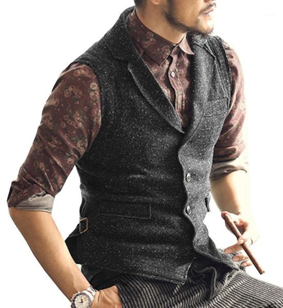 

tweed mens suit vest brown single-breasted navy slim fit waistcoat casual lapel neck business groomman for wedding man1, Black;white