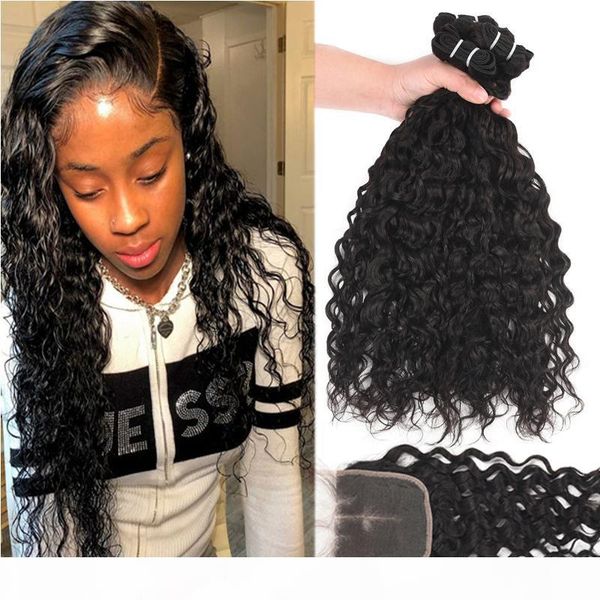 

9a malaysian virgin hair 4 bundles with lace closure water deep loose wave human hair bundles with 4x4 lace closure hair extension weaves, Black