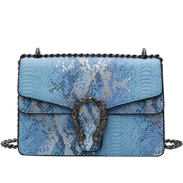 

new 2020 fashion ladies bag pu leather snakeskin pattern small square bag crossbody pu leather chain bacchus black blue pink