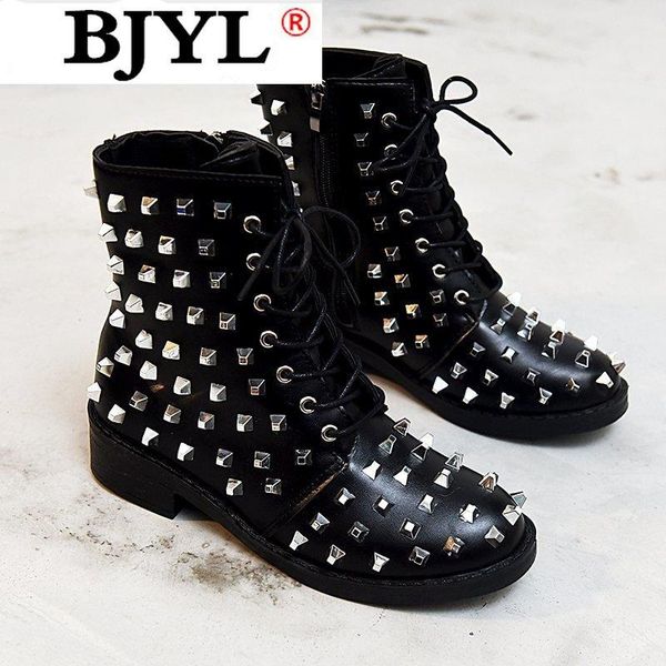 

2020 new fashion rivets womens ankle boots genuine leather square heel ladies lace up goth punk platform women boots, Black