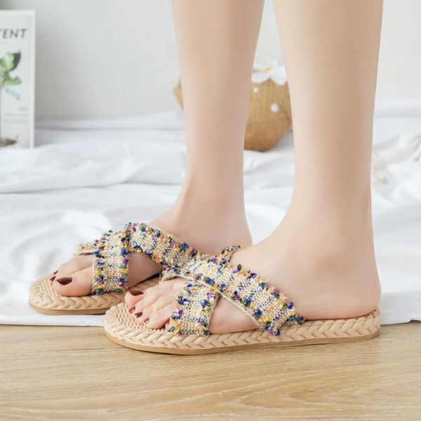 

slippers woven women summer sandals indoor oudoor flip flops beach slides large size flat shoes femme pantoufles sandalias1, Black