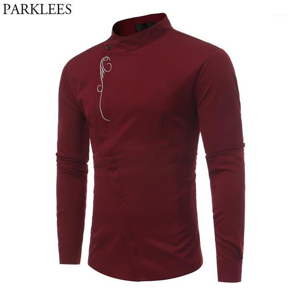 

fashion embroidery shirt men chemise homme 2020 irregular oblique shirt men slim fit long sleeve mens casual dress shirts1, White;black